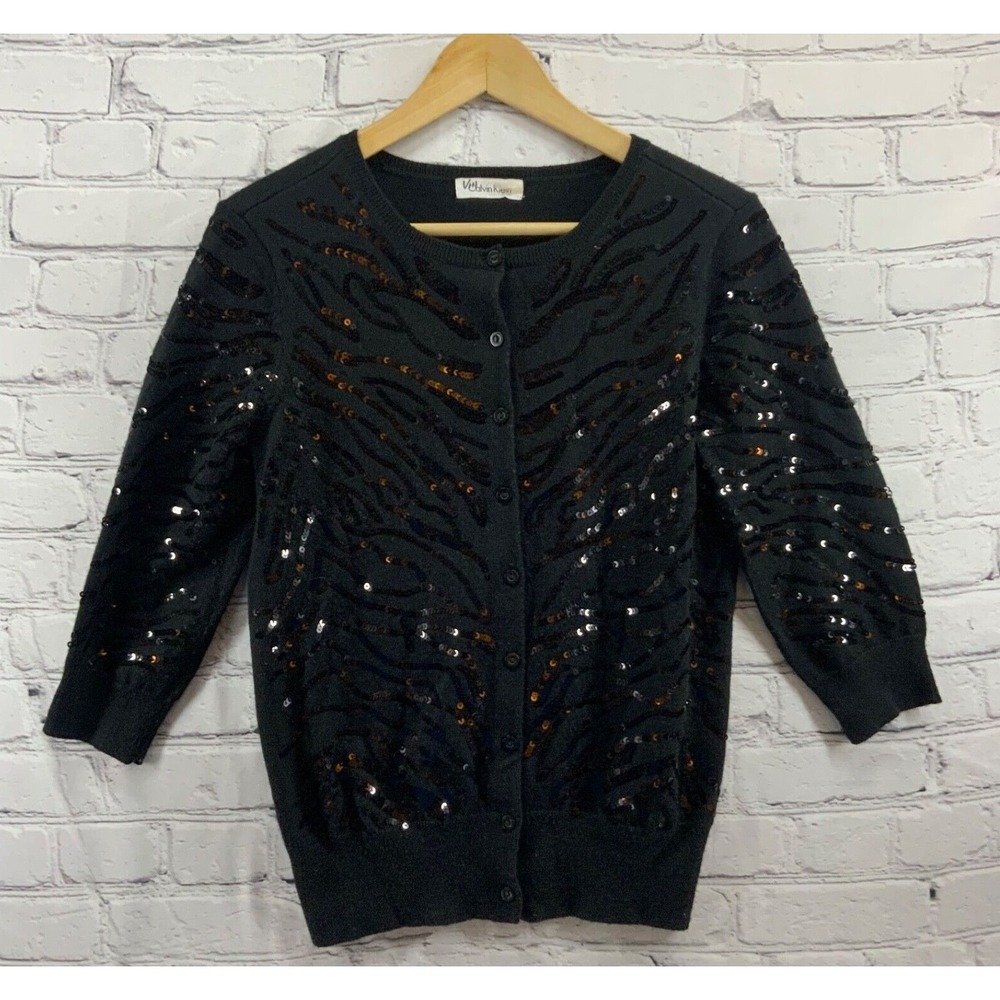 Vtg 80's Calvin Klein‎ Wool Blend Sequin Sweater Black Cardigan Womens Sz S-M
